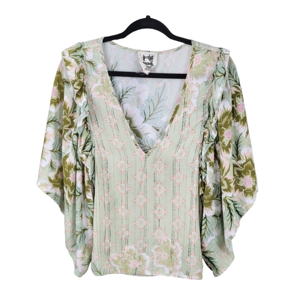 JAASE Flutter Sleeve Deep Vneck Top XS Green Floral Boho Fairy Garden Girl - Picture 1 of 8